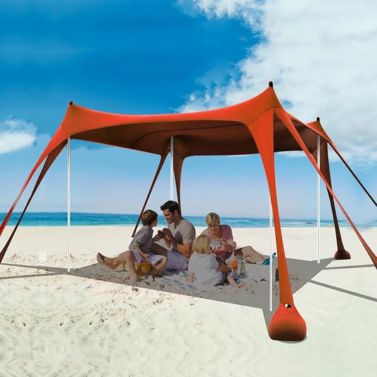 Beach Tent Sun Shelter, 10 x 10 FT Beach Canopy Tent Sun Shade Heavy Duty, UPF50+ Beach Tent Canopy with 8 Sandbags & 4 Stability Poles, Outdoor Beach Shade Canopy for Camping and Fishing, Orange