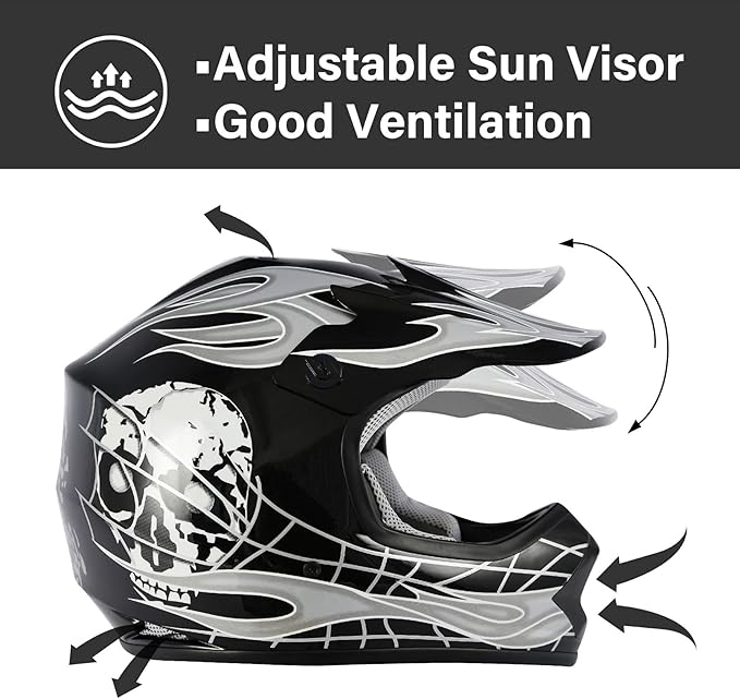 TCT-MOTORPARTS DOT Youth Kids Motocross ATV Helmets Offroad Street Dirt Bike Go-Kart BMX MX Full Face Helmet Black Skull X-Large Size