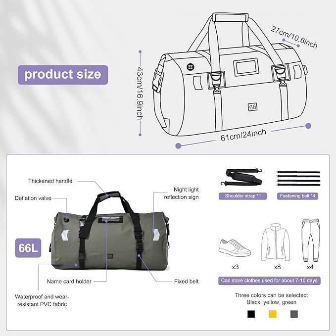 Waterproof Duffel Bag，Roll-Top Heavy Duty Dry Duffle Bag，Motorcycle Dry Bag，with Quick-fixed Straps，with Large Storage Space, Perfect for Traveling, Camping, Kayaking, Fishing & Canoeing (green, 66L)