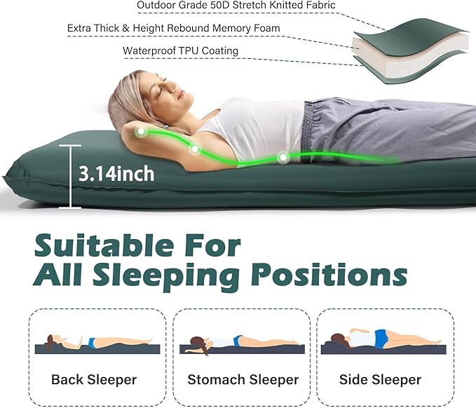 Sleeping Pad for Camping, Self Inflating Camping Pad with Pillow, 3.14" Compact Thick Memory Foam Camping Mattress Pad, Travel Portable Camp Sleeping Mat with Built in Pump