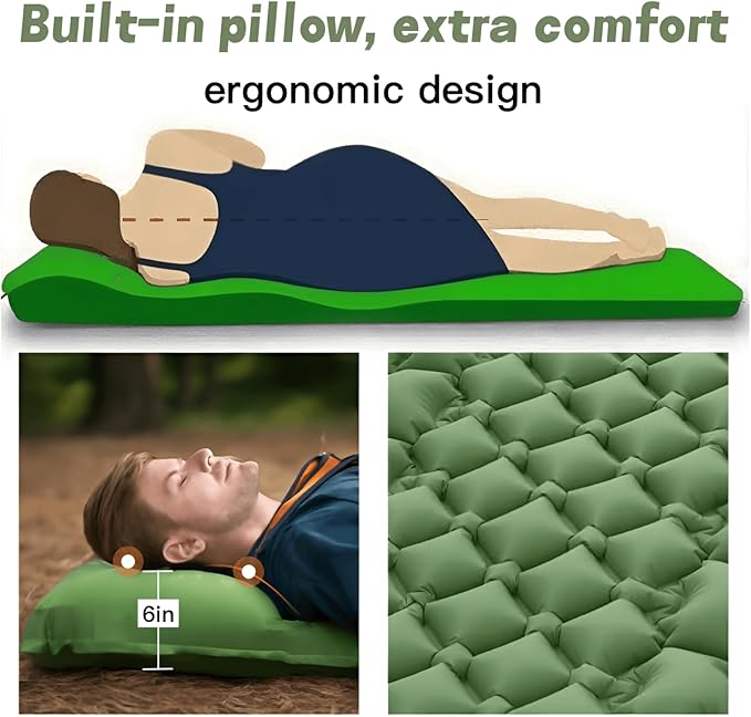 Ultralight Inflatable Sleeping Pad with Built-in Pump, Waterproof, Tear-Resistant, for Camping, Hiking, Backpacking, Outdoor Travel (Olive Green)