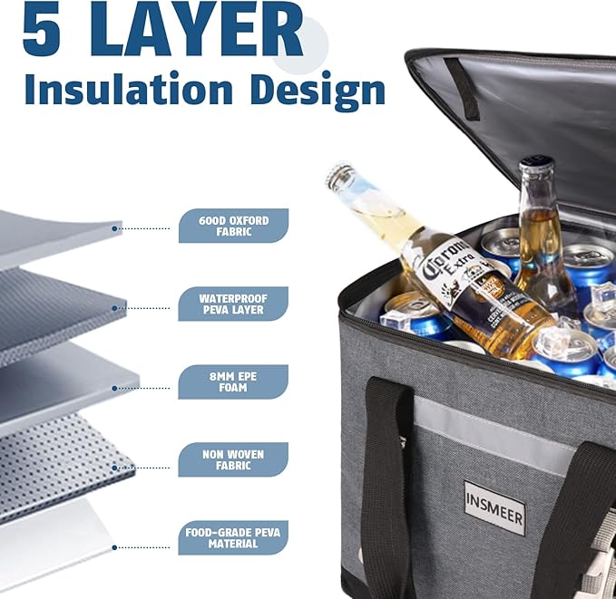 INSMEER Insulated Cooler Bag 65Cans/32 Cans Large Cooler Bag Soft Sided Cooler with Shoulder Strap, Collapsible Leakproof Portable Coolers for Camping/Beach/Food Delivery/Shopping/Outdoor/Picnic