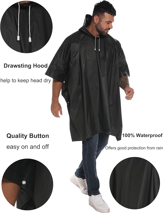 Reusable Rain Ponchos with Drawstring Hood for Adults, Waterproof Thicken Rain Coat, 2 Packs