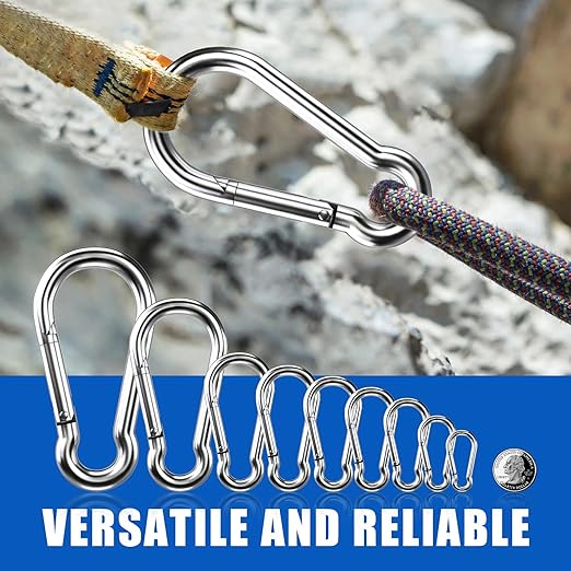 Small Carabiner Clip Hooks, 10pcs 1.97 inch Carabiners Heavy Duty, 304 Stainless Steel Spring Snap Hook Fits Camping Hiking, Metal Clips for Rope Chain Keys Rings