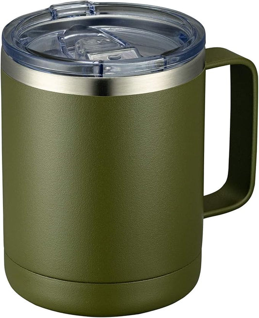 MEWAY 12oz Coffee Mug With Handle and Sliding Lid,Stainless Steel Travel Tumbler Cup with Handle,Double Wall Vacuum Insulated Camping Cup for Hot & Cold Drinks Tea (Army Green,Set of 1