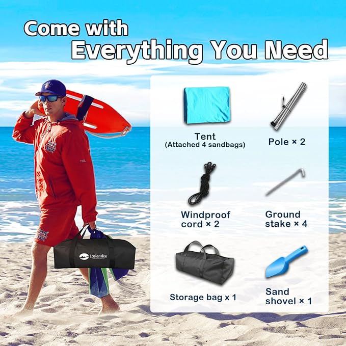 Beach Shade Tent, Portable Easy Pop Up Beach Canopy, UPF50+ Sun Protection Shelter, Windproof & Water Resistant, Perfect for Family