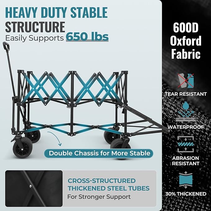 FUNDANGO Double Decker Wagon, 500L Collapsible Beach Wagons Foldable Heavy Duty Garden Cart with Tailgate, Brakes, Side Pockets & All-Terrain Big Wheels for Sports Camping Shopping, Blue