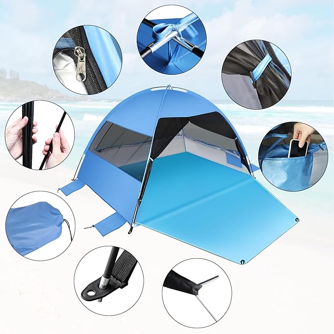 Large Easy Setup Beach Tent,Anti-UV Beach Shade Beach Canopy Tent Sun Shade with Extended Floor & 3 Mesh Roll Up Windows Fits 3-4 Person,Portable Shade Tent for Outdoor Camping Fishing