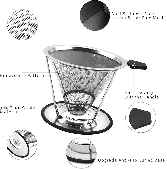LIGICKY Reusable Coffee Filter Professional Manual Stainless Steel Coffee Dripper Cone Coffee Strainer Paperless Coffee Maker for 2-4 people with Removable Cup Stand, Cleaning Brush, Coffee Scoop