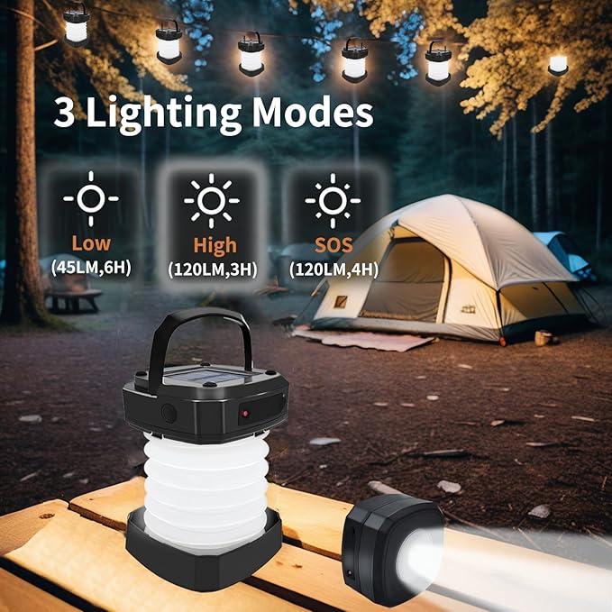 Solar Camping Lantern, Collapsible Rechargeable Camping LED Light,Portable USB Night Light for Power Outages,Emergencies,Hurricanes,Tent Lighting, Hiking,Backpacking Gear(Black)