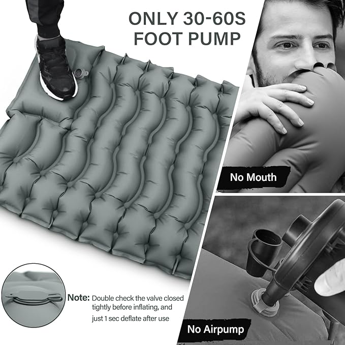 Camping Sleeping Pad, Ultralight Camping Mat with Pillow Built-in Foot Pump Inflatable Sleeping Pads Compact for Camping Backpacking Hiking Traveling - Gray