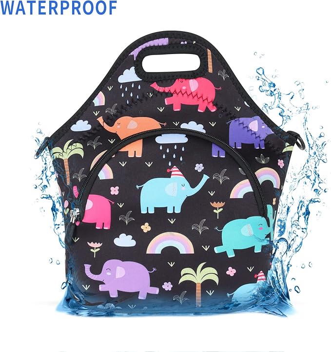 Violet Mist Neoprene Lunch Bag Reusable Insulated Cartoon Elephant Snack Bags, Unisex, 12.6"L x 11.8"H x 6.3"W, Non-Toxic, Eco-Friendly, Durable, Adjustable Shoulder Strap