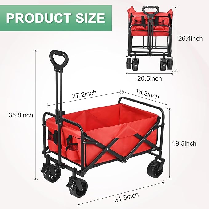 Wagons Carts Foldable, 330LBS Beach Wagon Collapsible with All-Terrain Wheels Portable Utility Folding Cart for Beach/Grocery/Garden/Fishing/Camping/Shopping/Outdoor/Travel, Red