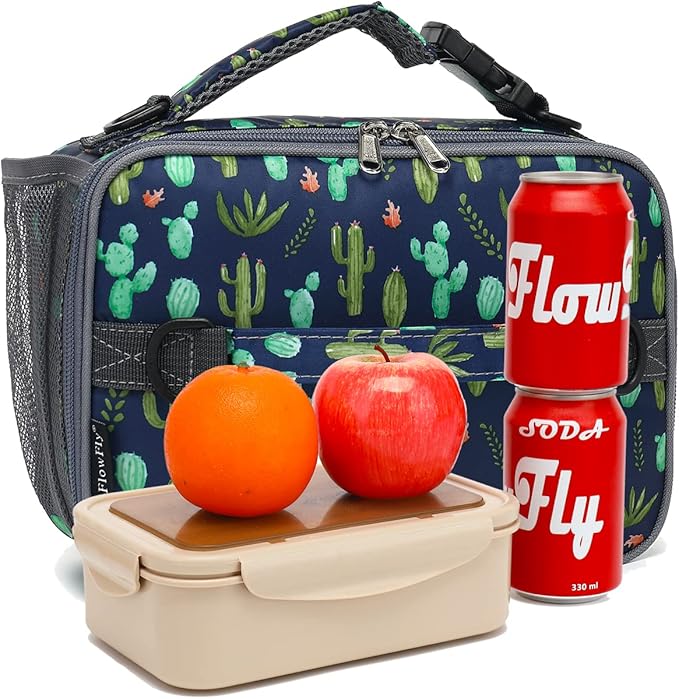 FlowFly Kids Lunch Bag, Durable Insulated School Lunch Box with Shoulder Strap and Bottle Holder, Water-resistant Thermal Small Lunch Cooler Tote for Teen Boys & Girls, Cactus