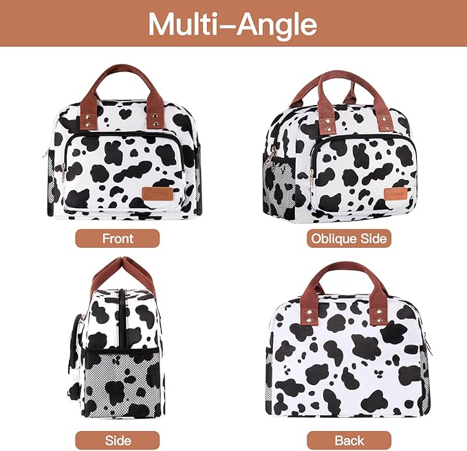 Lunch Bag Women,Insulated Lunch Box Lunch Bag for Women Men Work Adult Cute Small Lunch Tote Bag, Large Capacity Reusable Cooler Containers for Travel Picnic Office or Beach(Cow)