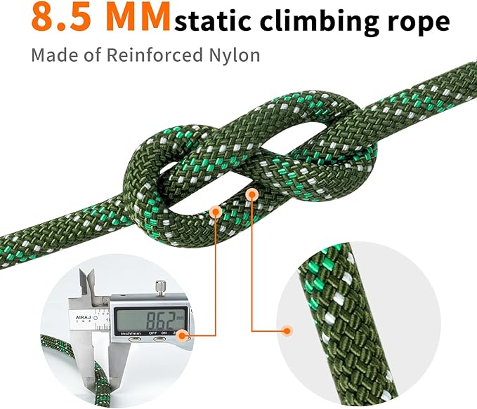 AOLEBA 8.5mm Static Climbing Rope, Outdoor Rock Climbing Ropes, Heavy Duty Rappelling Rope for Fire Rescue, Escape, 10M(32Ft) 20M(64Ft) 30M(96Ft) Ice Climbing Equipment & Parachute Accessories