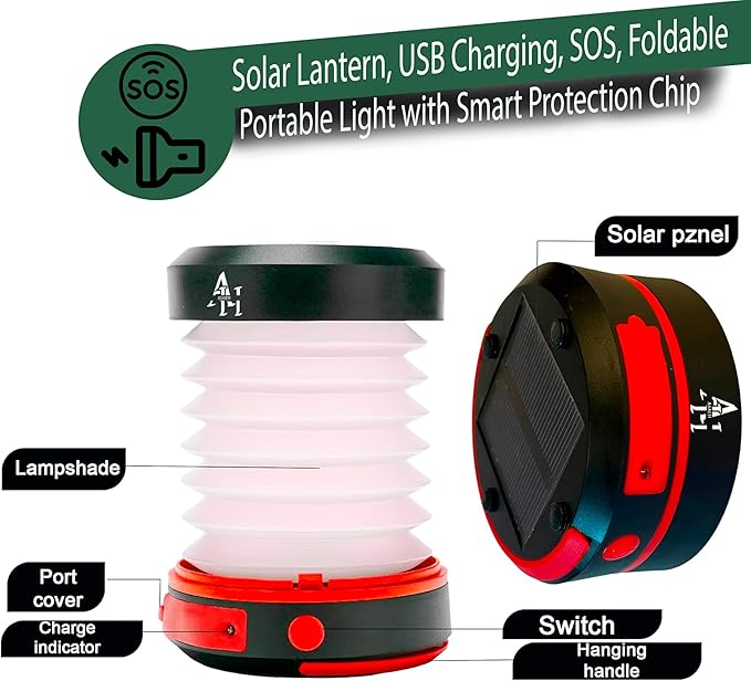Solar Camping Lantern - LED Lanterns for Power Outages, Camping Lights, Emergency Flashlight - Collapsible Lamp, Rechargeable W/ Solar or Plug