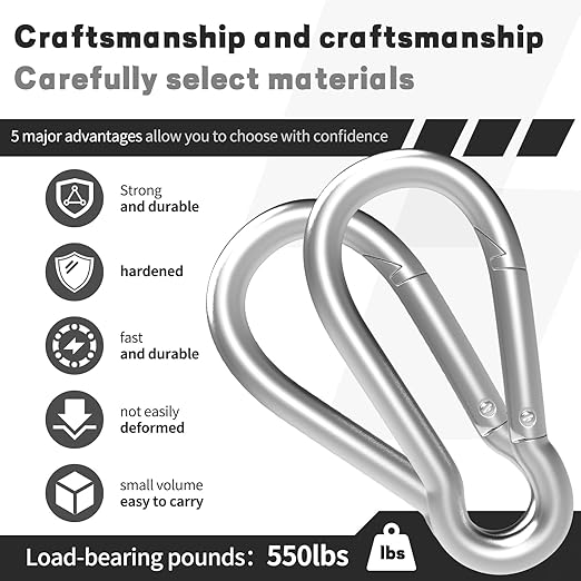 12PCS M5 Spring Snap Hook Carabiner, Heavy Duty Galvanized Steel Carabiner Clip, 220LBS Holding Capacity Spring Clips for Hammock Swing Outdoor Travel