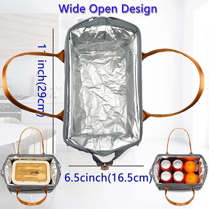 FlowFly Insulated Lunch Bag Wide-Open Lunch Box Large Tote Leakproof Cooler with Drink Holder and Multi Pockets for Women Men Adult Kids Work Picnic Travel Beach Hiking, Grey