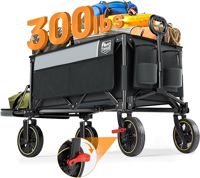 TIMBER RIDGE 49" Extra Long Collapsible Folding Wagon with Tailgate and Brakes, 300lbs Heavy Duty Foldable Wagon with Adjustable Handle, 250L Capacity Portable Cart for Outdoor Camping Sports, Grey