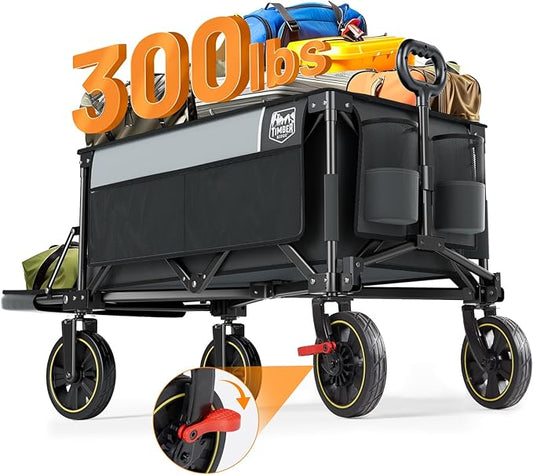 TIMBER RIDGE 49" Extra Long Collapsible Folding Wagon with Tailgate and Brakes, 300lbs Heavy Duty Foldable Wagon with Adjustable Handle, 250L Capacity Portable Cart for Outdoor Camping Sports, Grey