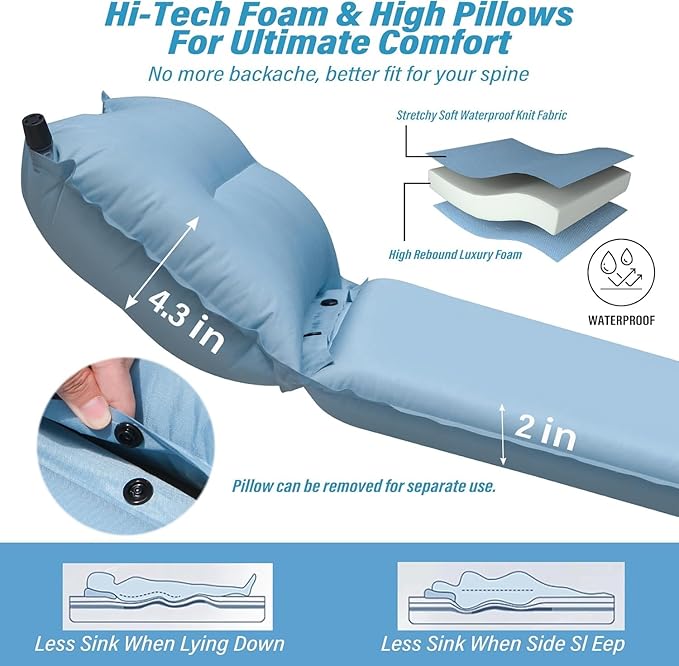 Self Inflating Sleeping Pad - Thick Insulated Mattress Pad with Pillow & Inflatable Bag, 9.0 R-Value for Car Camping & Backpacking
