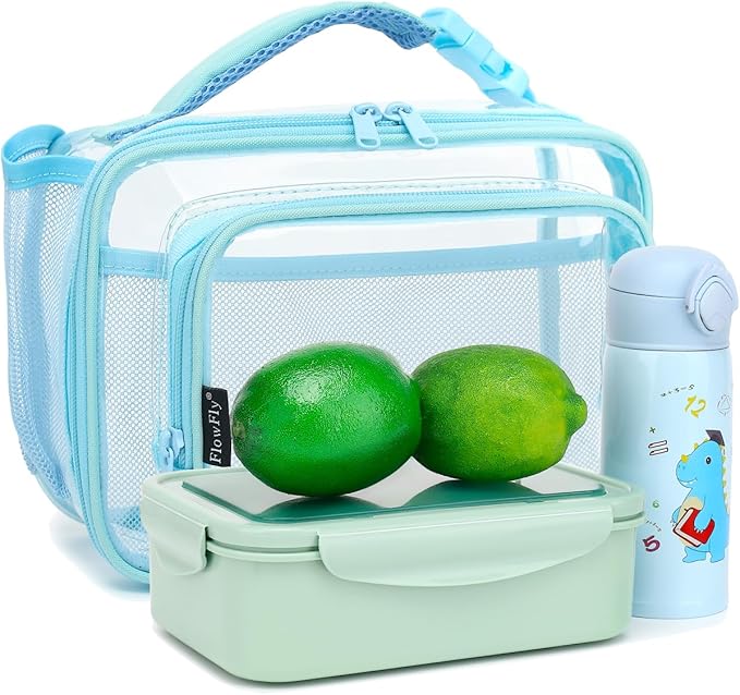 FlowFly Kids Lunch box with buckle Insulated Cooler Back to School Thermal Meal Tote Kit for Girls, Boys, Clear#Blue
