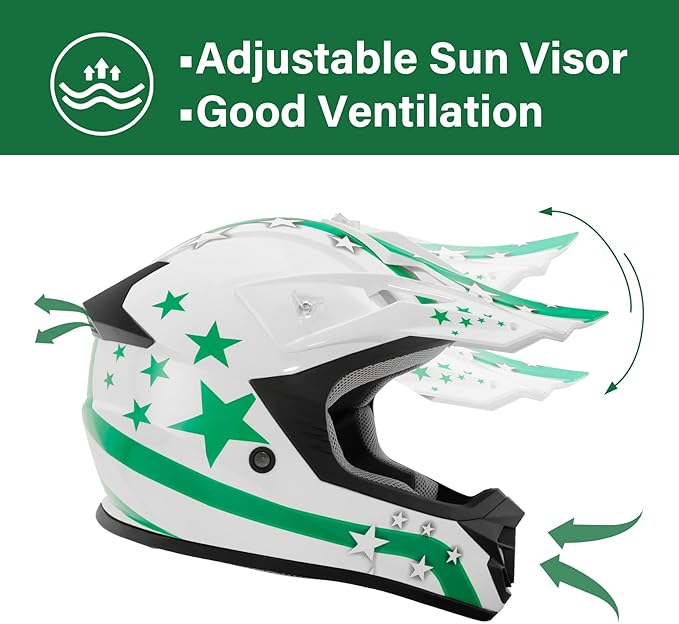 TCT-MOTORPARTS DOT Youth Kids Motocross ATV Helmets Offroad Street Dirt Bike Go-Kart BMX MX Full Face Helmet White w/Green Star X-Large Size