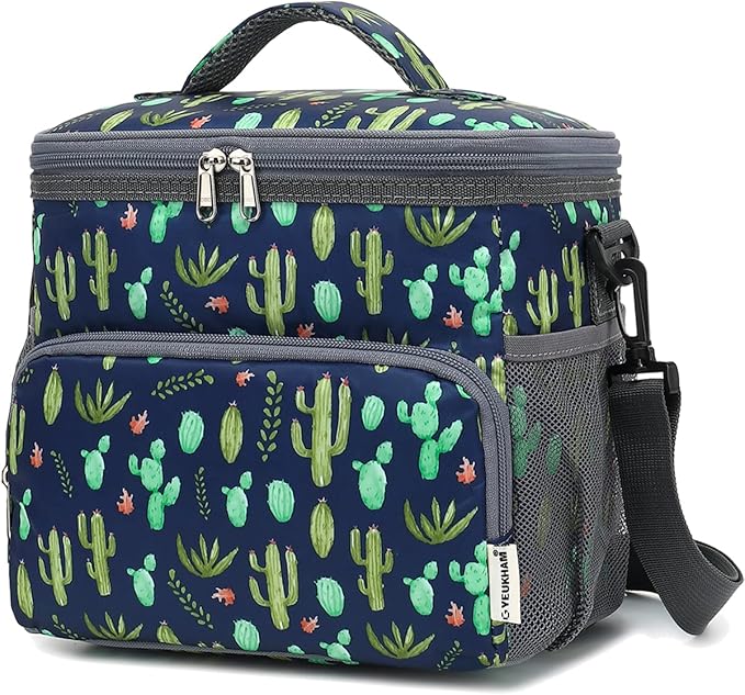 Insulated Reusable Lunch Bag Adult Large Lunch Box for Women and Men with Adjustable Shoulder Strap,Front Zipper Pocket and Dual Large Mesh Side Pockets,Cactus