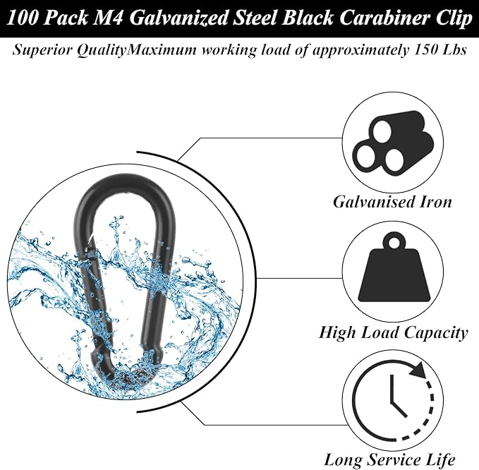 MIVIDE 100 Pack M4 Black Carabiner Clip Spring Snap Hook, 1.57 Inch Heavy Duty Small Snap Hooks Carabiner Quick Link Clip for Camping Hiking Traveling Outdoor Swing Gym, 110Lbs Capacity