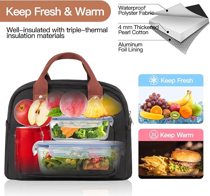 Lunch Bag Women,Insulated Lunch Box Lunch Bag for Women Men Work Adult Cute Small Lunch Tote Bag, Large Capacity Reusable Cooler Containers for Travel Picnic Office or Beach (Black)