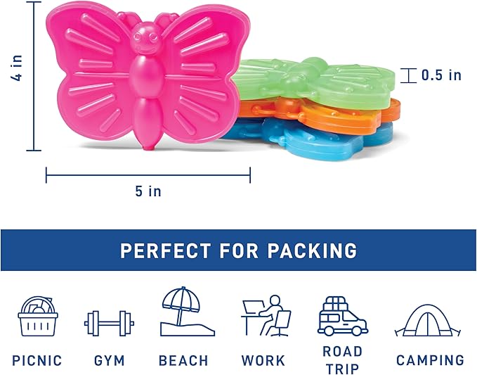 Fit & Fresh Cool Coolers Kids Lunch Box Ice Packs, Slim Ice Packs for Lunch Bags, Multicolored Penguin and Butterfly Set, 8PK