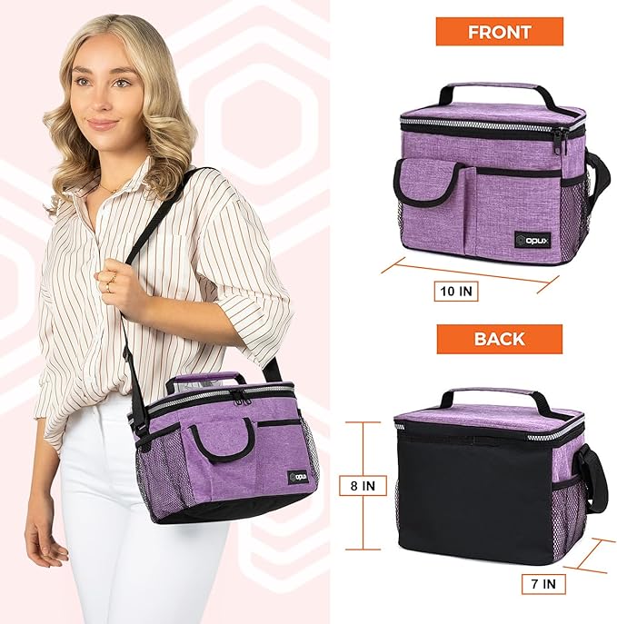 opux Insulated Lunch Bag for Men Women, Leakproof Heather Purple Lunch Box for Work, Portable Soft Lunch Cooler Bag with Shoulder Strap, Adult Lunchbox Lunch Pail for Kid Boy Girl School, 14 Can/8L