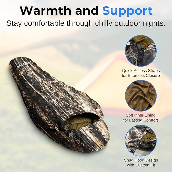 SereneLife 0 Degree Mummy Sleeping Bag – Military-Style, Lightweight & Waterproof for Extreme Cold, Stays Warm in 5–10°F, No-Snag Zipper, Compact Carry Bag & Travel Pillow for Camping & Backpacking