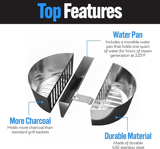 SnS Grills Slow ‘N Sear Charcoal Fire Baskets with Water Pan - Large Capacity Heavy Duty Stainless Steel Outdoor Grill Basket, Kettle Grill Accessory - Compatible with Weber and other Kettles