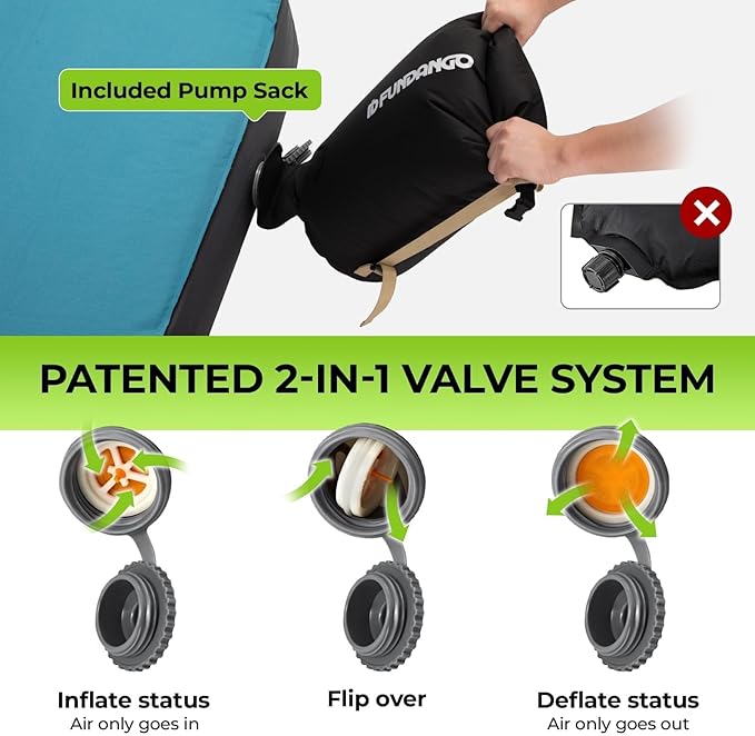 FUNDANGO Queen Sleeping Pad for Camping, 2 Person Self-Inflating Air Mattress Cot, Foldable Camping Mat with Pump Sack Bag, Camping Essentials for Tents Car, Outdoor & Home