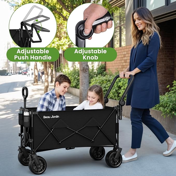BEAU JARDIN Folding Push & Pull Beach Wagon 500 lbs Collapsible Foldable Wagons with Push Handle All Terrain Wheels Grocery Utility Camping Sports Garden Wagon Cart Black