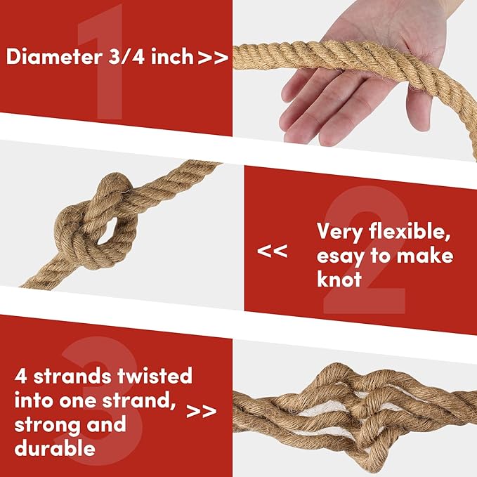 Twisted Manila Rope 3/4 in x 100 feet Natural Hemp Rope for Docks Railing Nautical Landscaping Crafts Tug of War Marine Tie-Downs Hammock Home Decorating, DIY Projects