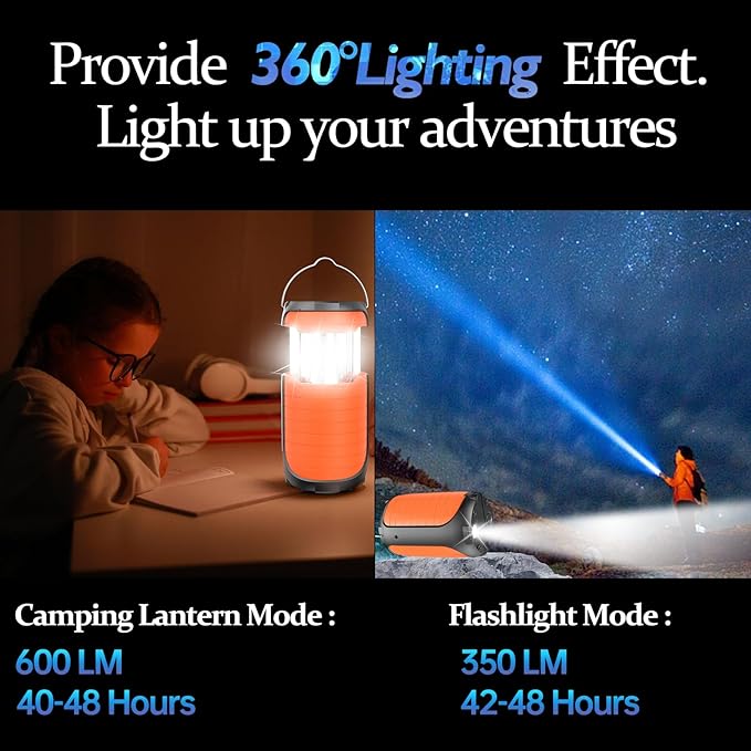 Battery Operated Camping Light Rechargeable, Manual Crank Generator/Solar Panel/USB-C Charging, 5000mAh Power Bank Foldable LED Tent Light, Power Outage, Outdoor Emergency Survival Essentials (Orange)