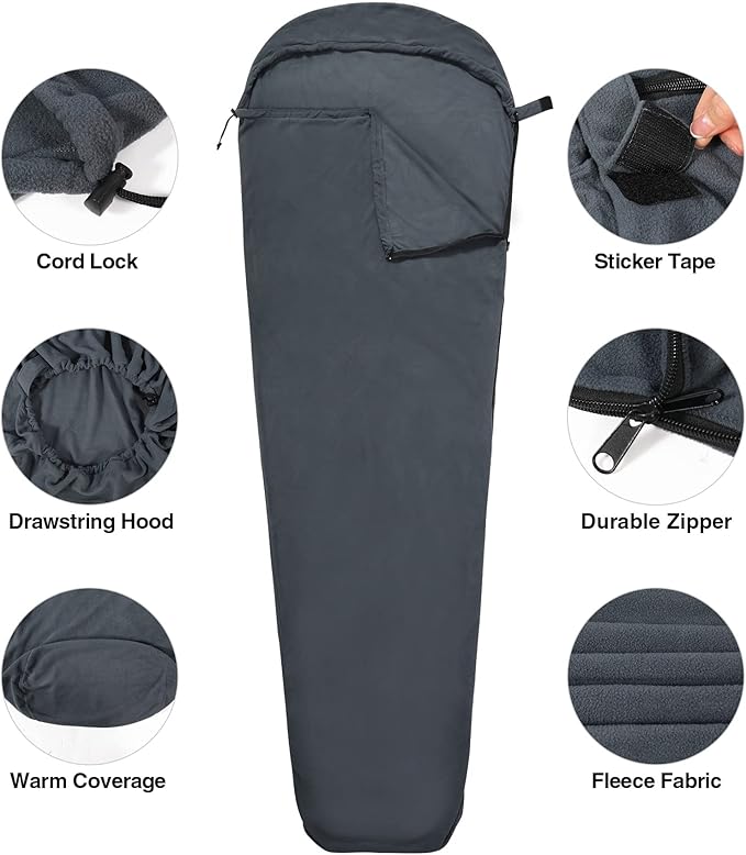 REDCAMP Mummy Fleece Sleeping Bag Liner with Hood, Great for Adult Warm or Cold Weather, 90" Long Full Sized Zipper Camping Blanket for Outdoor, Grey