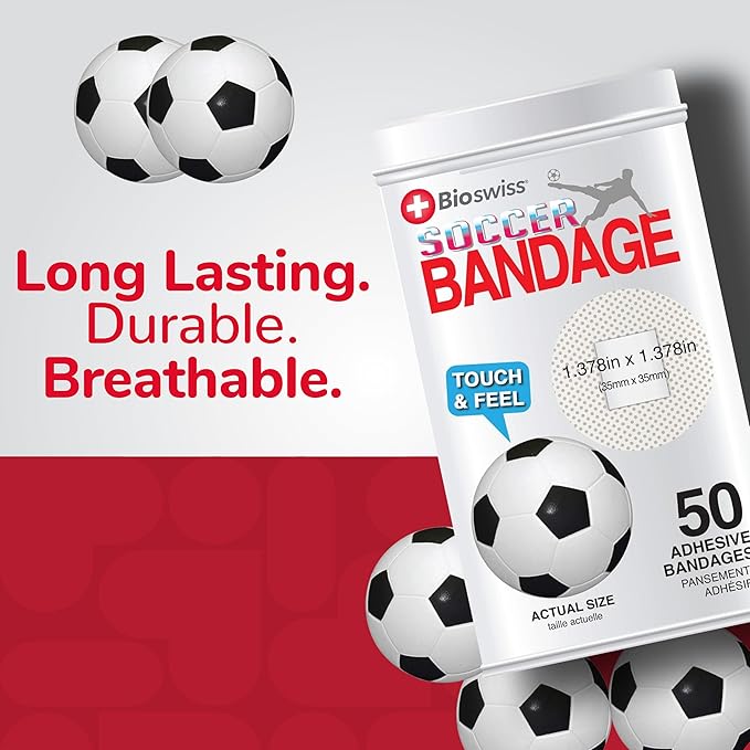 BioSwiss Bandages, Soccer Ball Shaped Self Adhesive Bandage, Latex Free Sterile Wound Care, Fun First Aid Kit Supplies for Kids, 50 Count