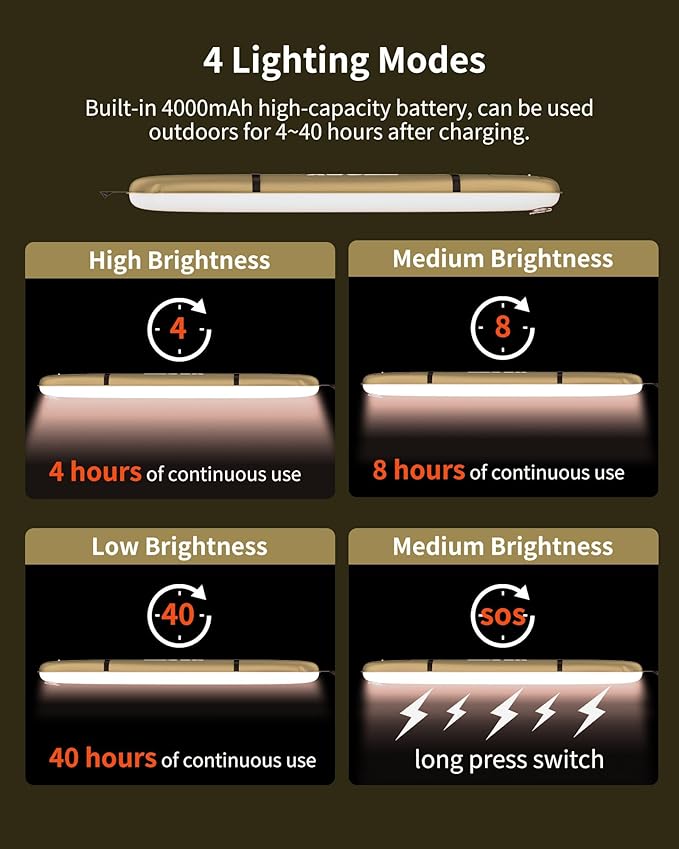 Solar/Type-C Rechargeable Camping Light Bar, IP66 Waterproof LED Tube, TPU Ultralight Electric Light, 2000mAh Foldable Inflatable Outdoor Tent Light for Camping, Hiking, Traveling, Party (Khaki 2 PCS)