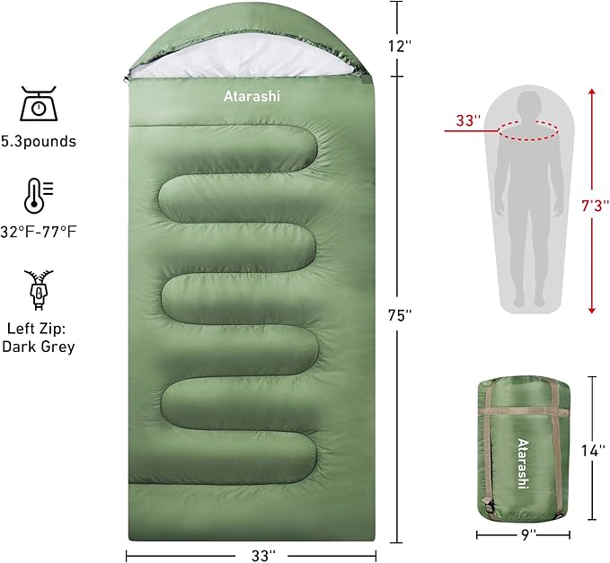 Atarashi Camping Sleeping Bag- 4 Seasons for Adults, Light, Warm, Extra-Large with Compression Sack- Great for Hiking, Backpacking & Outdoor Adventures