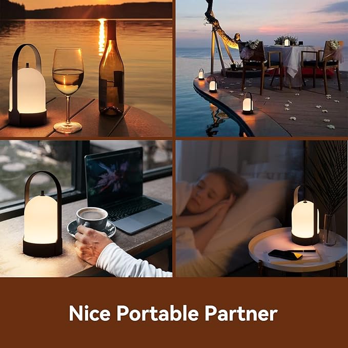 Tubicen Portable LED Cordless Rechargeable Lantern Table Lamp, 4000mAh Powerful Battery Operated Black Bedside Table Lamp, 4 Levels Touch Dimmable Night Light for Home Camping Restaurant Desk Balcony
