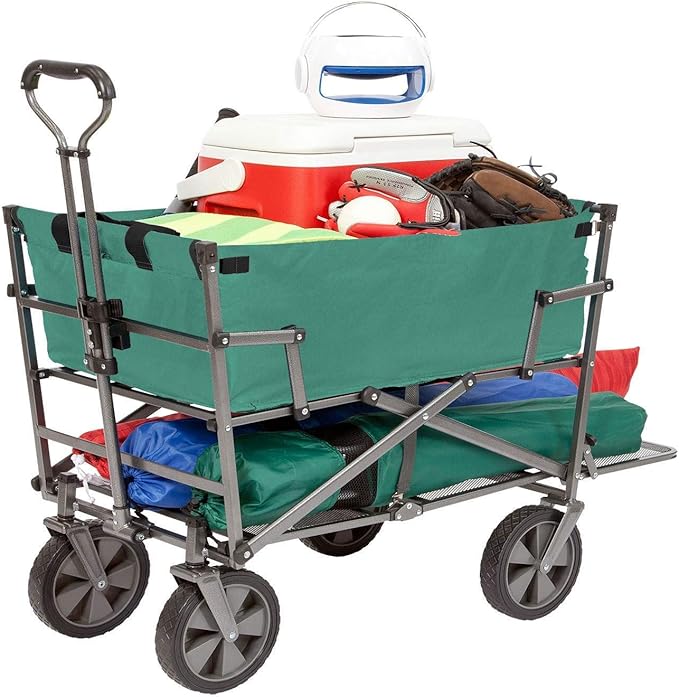 MacSports Double Decker Heavy Duty Steel Frame Collapsible Outdoor 150 Pound Capacity Yard Cart Utility Garden Wagon with Lower Storage Shelf, Green