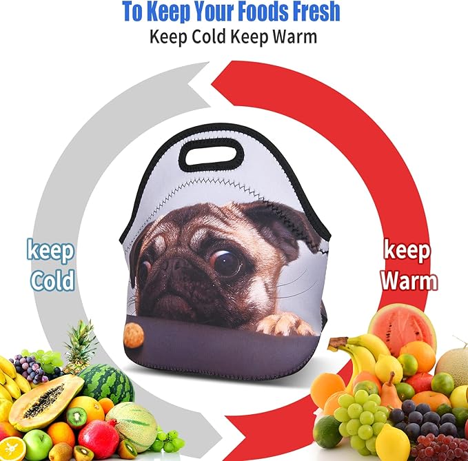 Violet Mist Cute Neoprene Lunch Bag Women Insulated Reusable Lunch Box Thick Pug lunchboxes Bags Thermal Dog Lunchbags Lightweight Food Handbags Container Picnic Outdoor Thanksgiving Christmas Gifts