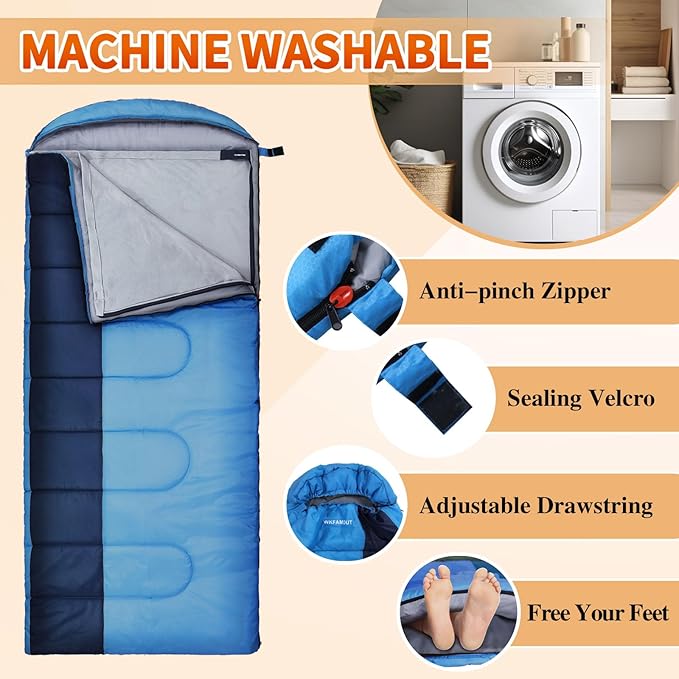 XL 10 Degree Sleeping Bags Waterproof for Adults 350GSM Machine Washable with Compression Sack for 3-4 Season Camping Outdoor
