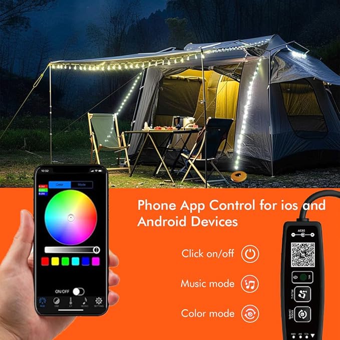 Camping Lights String, Tape Tent Lights Color Changing APP Control, Waterproof LED Lantern Retractable and Reusable for Emergency Yard Decor Christmas Essentials (Warm-White 16.4Ft)