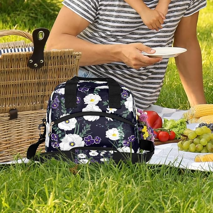 Flower Floral White Insulated Lunch Bags for Women Men Adult Reusable Lunch Tote Therma Cooler Bag with Shoulder Strap Lunch Box for School Work Office Picnic Meal Prep Bag