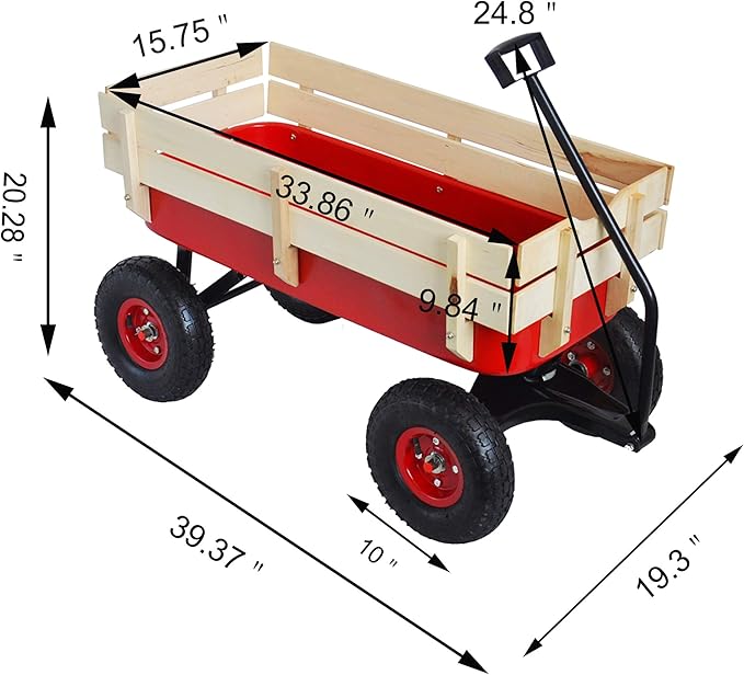 Outdoor Sport Wagon Tool Cart Wooden Side Panels Air Tires Buggy with Adjustable Handle,Detachable Wood Fence,for Outdoor Activities, Beaches, Gardens,Camping,39.37",Red